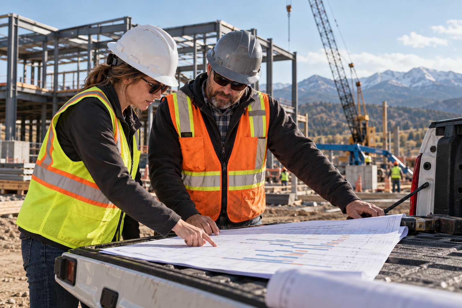 A project manager and a site superintendent reviewing a job schedule at a commercial construction site