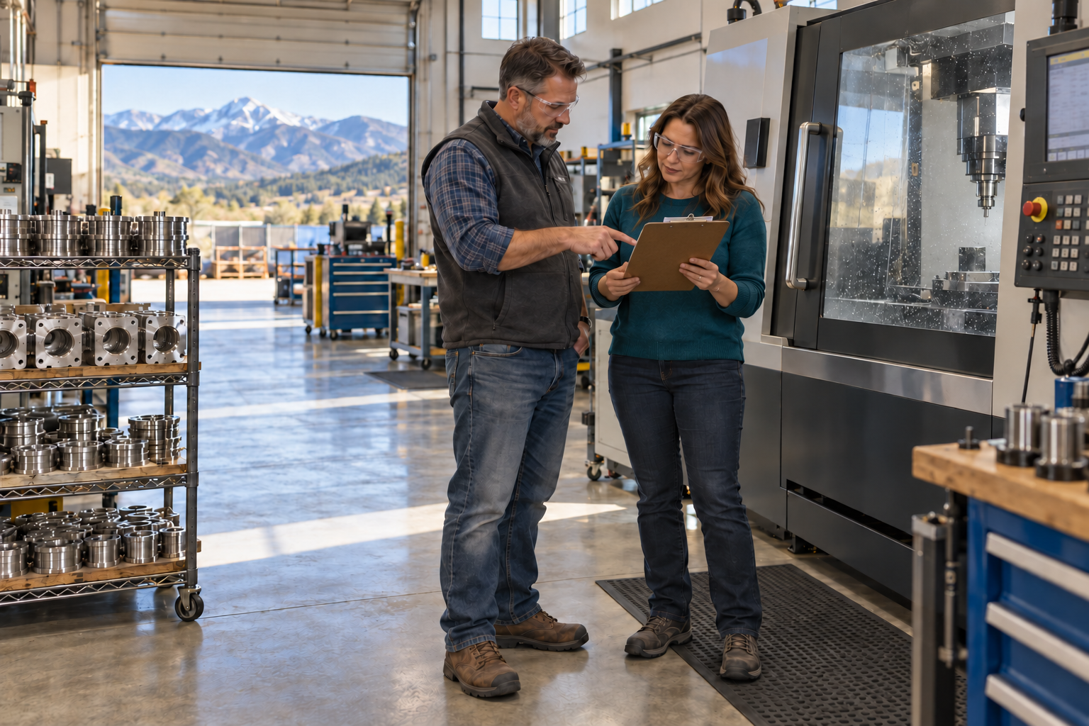 A plant owner and a finance lead reviewing a production report on a manufacturing floor